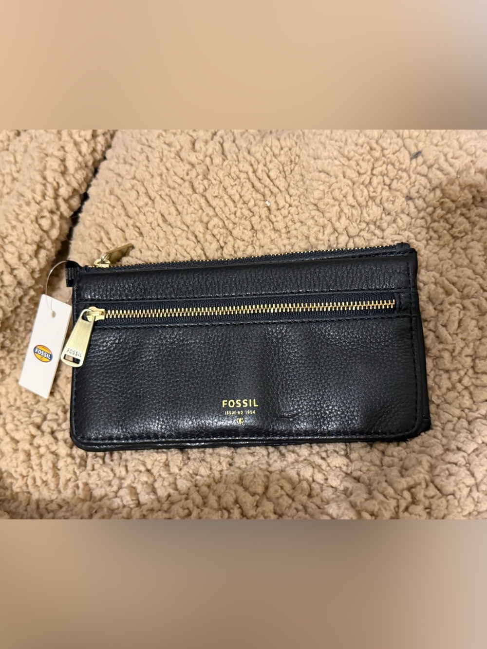 Fossil Black Leather Preston Flip Wallet/ Clutch zipper & snap closure 7”W 3.5”H